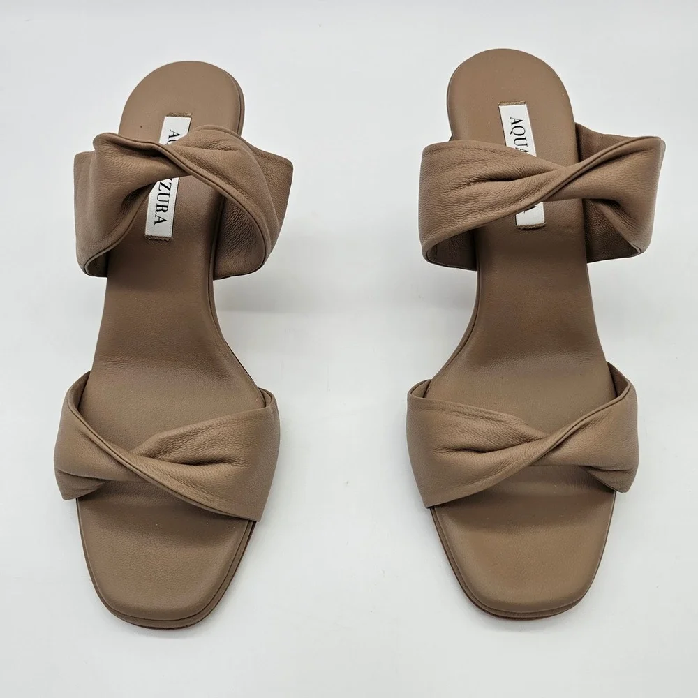 Aquazzura Twist Sandal 75 Women Size 40 US 10 New Nude Leather Kitten Heel Mules